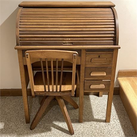 Vintage Children’s Wood Roll-Top Desk w/ Swivel Chair