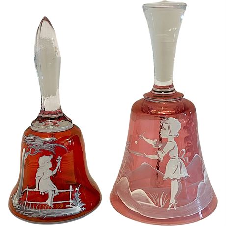 Bohemia Mary Gregory Style Hand-Painted Cranberry Glass Bells