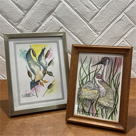 Pair of Framed & Signed Gene Lorenzo Bird Art - Original Watercolor Art & Print