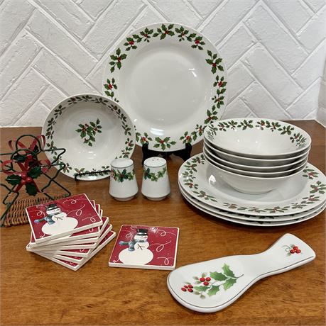 Royal Norfolk Plates and Bowls w/ other Holiday Kitchen Accessories