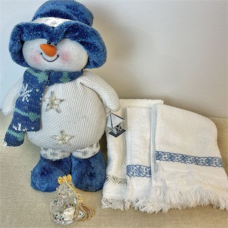 Lenox Czech Crystal Tree Ornament, Darice Snowman Plush & Dundee Towels