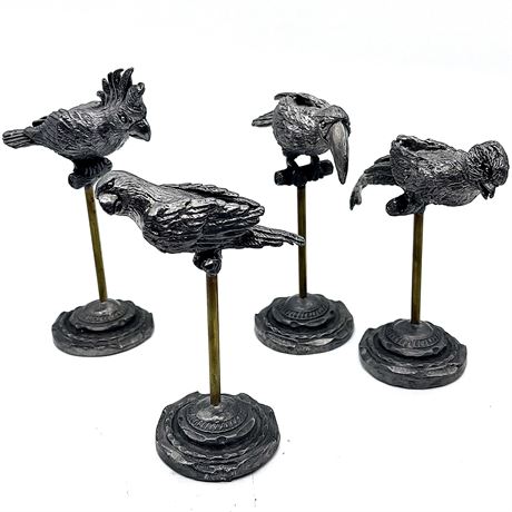 Handcrafted Micheal Ricker Pewter Birds on Perch Stands Figurines