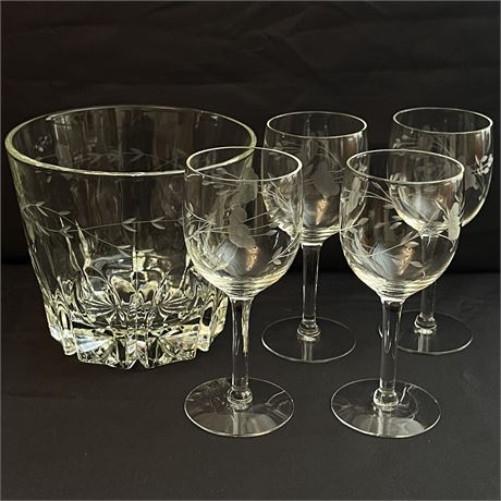 Vtg Princess House Heritage Crystal Ice Bucket and Four Stemmed Wine Glasses