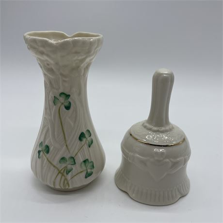 Shamrock Porcelain Belleek Vase with Belleek Claddagh Ring Bell