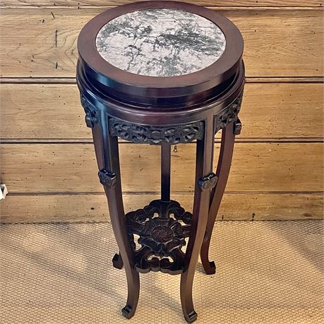 Oriental Marble Top Carved Rosewood Display Stand