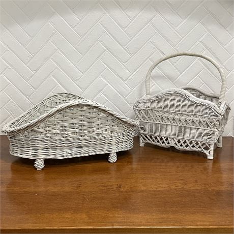 Pair of Vintage White Wicker Baskets