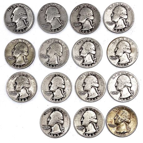 (15) 1943-1944 "Mainly D" Silver Quarter Coins