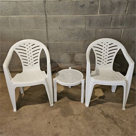(2) White Lawn Chairs w/Coordinating Table