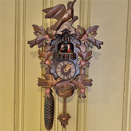 Vtg Black Forest German Hand Made Wooden Cuckoo Pendulum Musical Clock