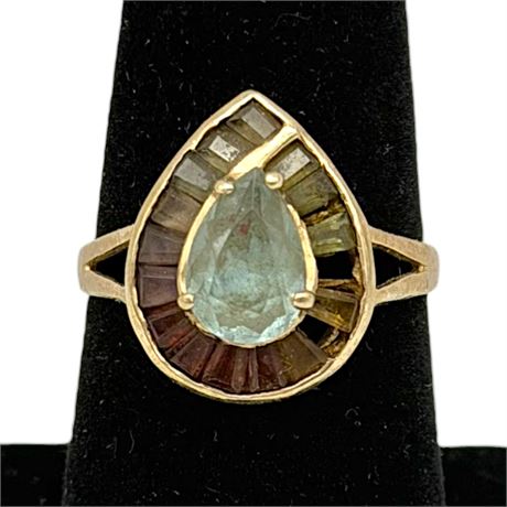 14K Gold Multi-Colored Tapered Baguette Gemstone w/ Pear-Cut Center Stone Ring