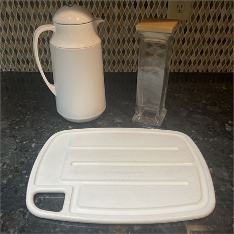 Hot/Cold Carafe with Cutting Board and Lidded Glass Jar