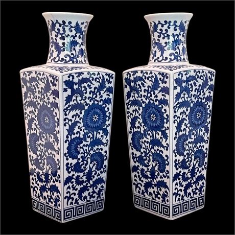 (2) Oriental 14" Blue & White Porcelain Vases