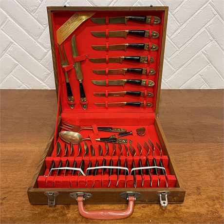 Serving for 8 Oriental Siamese Buddha Motif Flatware in Storage Box (29pc)