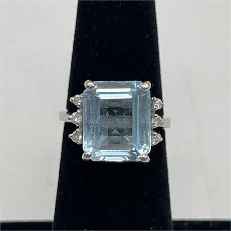 14K White Gold Emerald Cut Blue Topaz & Diamond (.12 CTW) Ring w/ COA