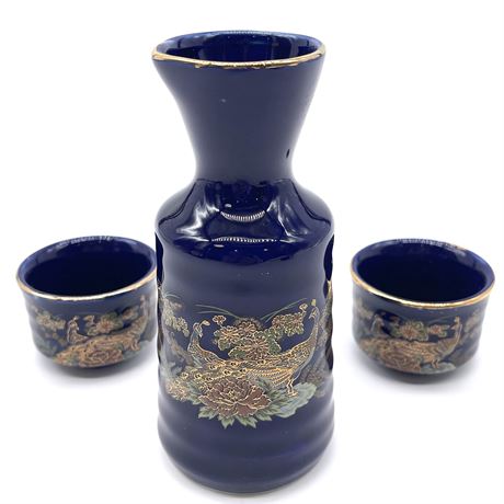 Vintage Oriental Cobalt Blue Pheasant Saki Set (Bottle and 2 Cups)
