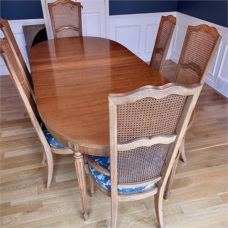 Thomasville Table w/ 2 Extensions, 6 Cane Back Padded Chairs and Table Pads