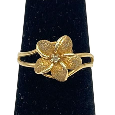 14K Yellow Gold Center Diamond Hawaiian Plumeria Flower Ring Size 4.25