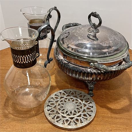 Silverplated & Glass Carafes, Trivet & Electric Chafing Dish