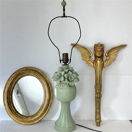 OLD Gold Gilt Wood Classical Angel Wall Decor, Wall Mirror & Floral Table Lamp