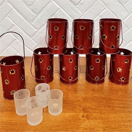 (8) Santa's Workbench Metal Star Cutout Candle Holders (5 w/ Votive Holders)