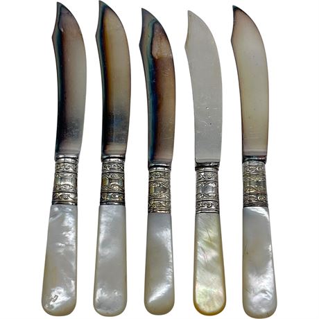 (5) Antique 925 Sterling Silver Mother of Pearl Knives