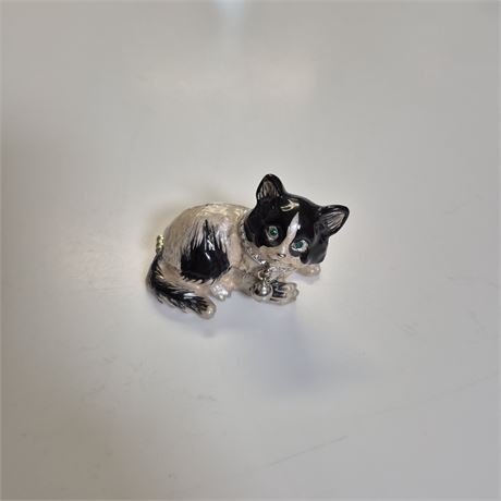 Vtg Enameled Tuxedo Cat Trinket Box Rhinestone Eyes & Collar