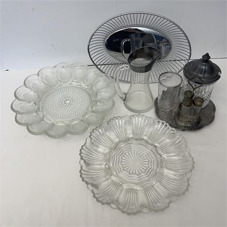 Mid Century Bread/Fruit Wire Basket, Pitcher, Deviled Egg Glass Platters & More
