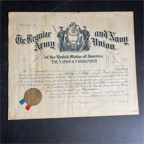 1896 National Commander Certificate from Regular Army Navy Union