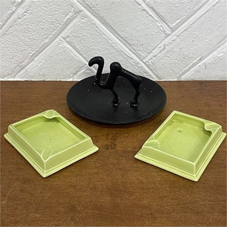 Vtg Metal Camel Ashtray & (2) Ceramic Lime Green Ashtrays