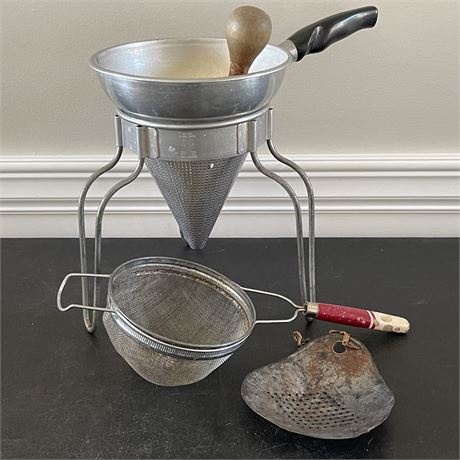 Antique Milk Strainer, WearEver Colander in Stand w/ Wood Pestle & Mesh Strainer