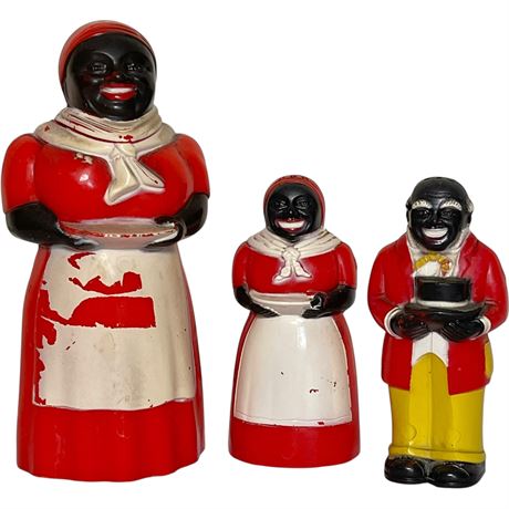 Vtg Black Americana Aunt Jemima Plastic Syrup Dispenser & S&P Shakers