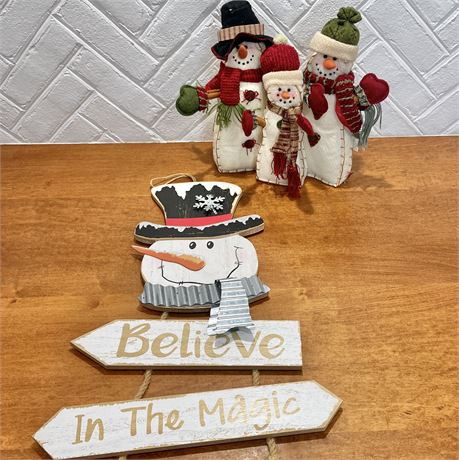 Free-Standing Plush Snowman Family w/ Hanging Wooden Snowman Sign