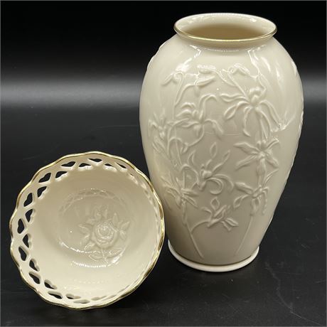 Lenox Centennial Floral Embossed Vase & Heart Cut Bowl w/ 24k Gold Rims
