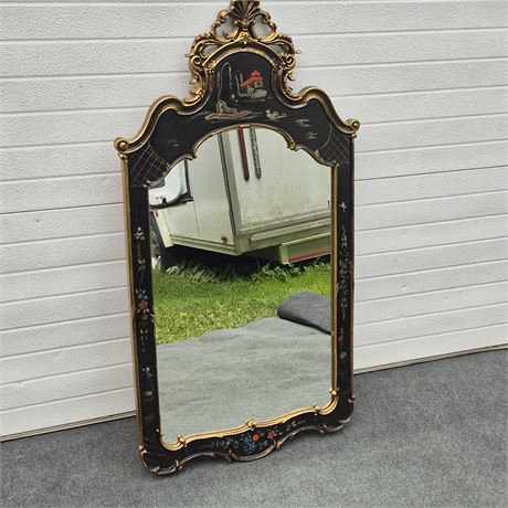 Lacquered Chinoiserie Scenery Motif Panel Oriental Mirror