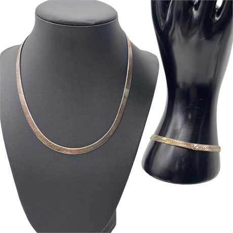 925 Sterling Silver Herringbone Chain Necklace & Bracelet