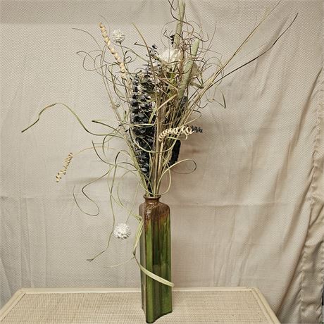 Vtg. Brown/Green Drip Glaze Vase w/Dried Floral Arrangement.