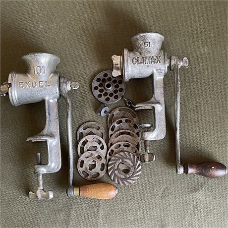 Vtg Excel 101 and Climax 51 Meat Grinders with Attachments