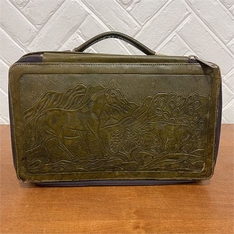 Tooled Leather Vtg Zippered Soft-Sided Suitcase w/an Embossed Western Design