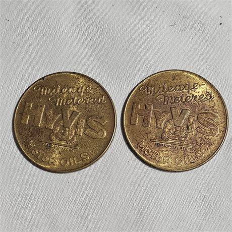 2  Hy-Vis Motor Oils. Motor Oils "Mileage Metered" token.1882 to 1939. Brass