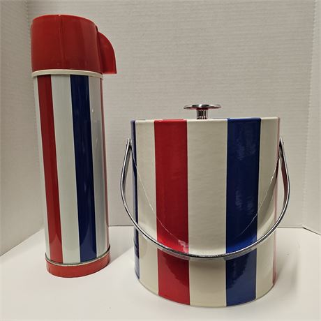 Vintage Red/White/Blue Thermo-Serv Ice Bucket & Matching Universal Brand Thermos