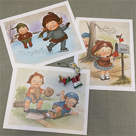 Vtg Carlton Cards Campbells Ornament & (3) Campbells Soup Kids Prints