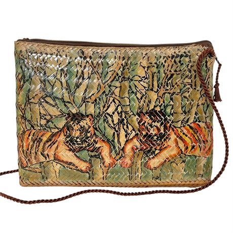 Vtg Painted Tiger Scene Straw Cross Body Purse - Made in Philippians