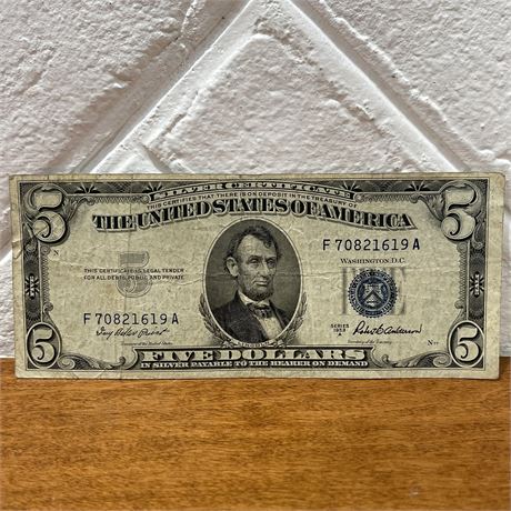1953 Blue Seal 5 Dollar Bill Silver Certificate