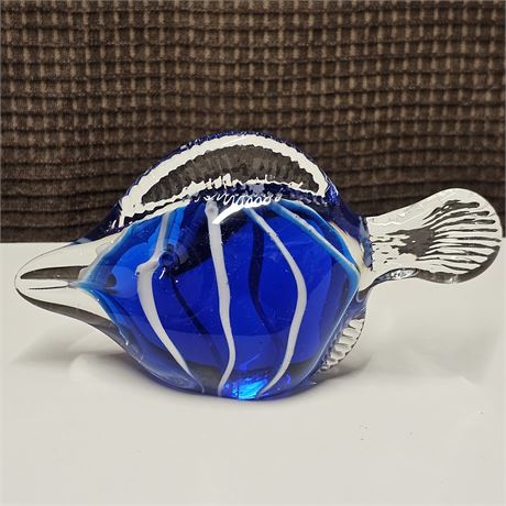Paperweight~Hand Blown, Cobalt Blue/White Striped Angel Fish