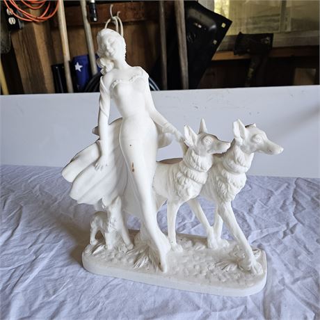 Vintage Santini Alabaster Art Deco Figurine Statue Woman Walking Borzoi Dogs