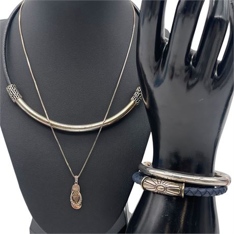 Sterling Silver Necklaces & Cuff Bracelets - 2 Pieces w/ Wrapped Leather