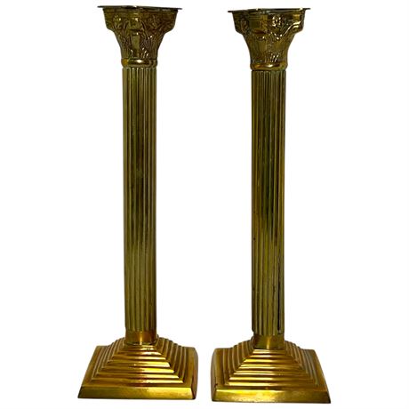 Pair of Indian Solid Brass Corinthian Column Shaped Candlesticks