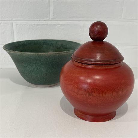 Wooden Lidded Ginger Jar Urn with Signed Ceramic Bowl