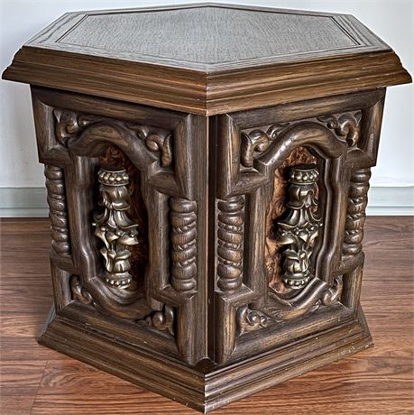 Vtg Carved Hexagonal Front Storage End Table