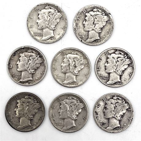 Set of Eight Pre 1945 Mercury Dime Silver Coins